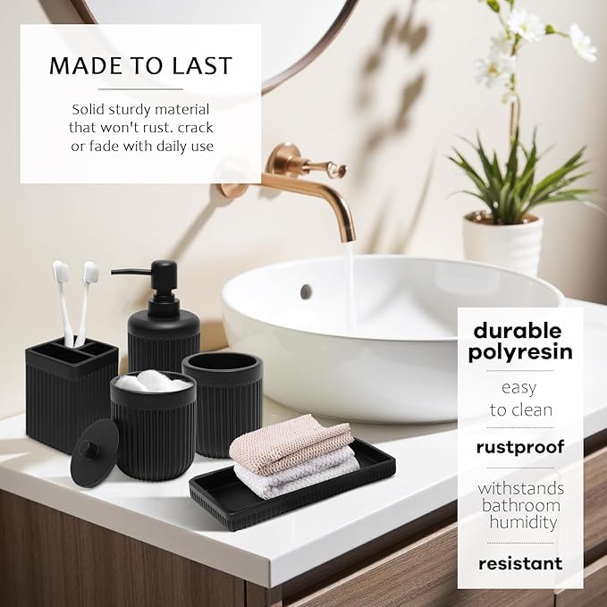 XLHOMO Matte Black Bathroom Sets with Shower Curtain and Rugs, 8-Piece Resin Bathroom Accessories Sets Complete, Soap Dispenser, Toothbrush Holder, Tumbler, Tray & Apothecary Jars Bathroom Essentials
