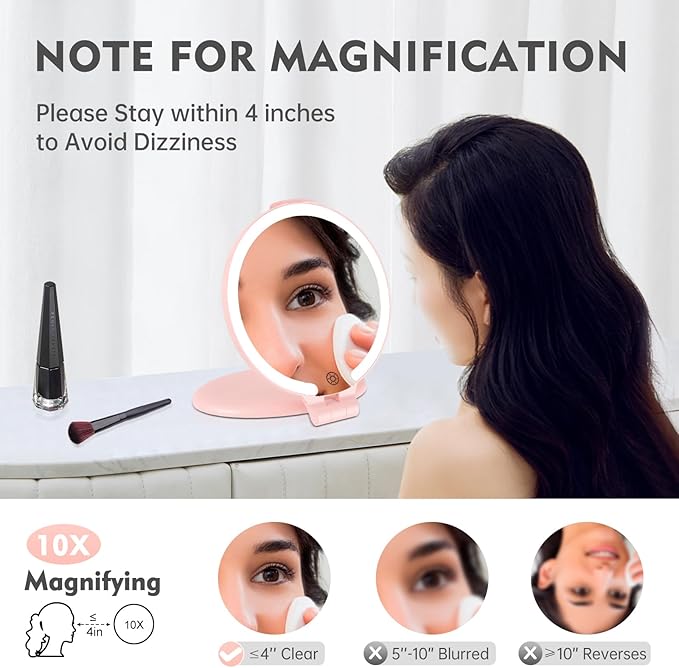 FUNTOUCH Travel Mirror with Light, 10X 1X Double Sided Magnification Rechargeable Mirror for Women Girls with 3 Color Setting Adjustable Rotation LED Vanity, Pink