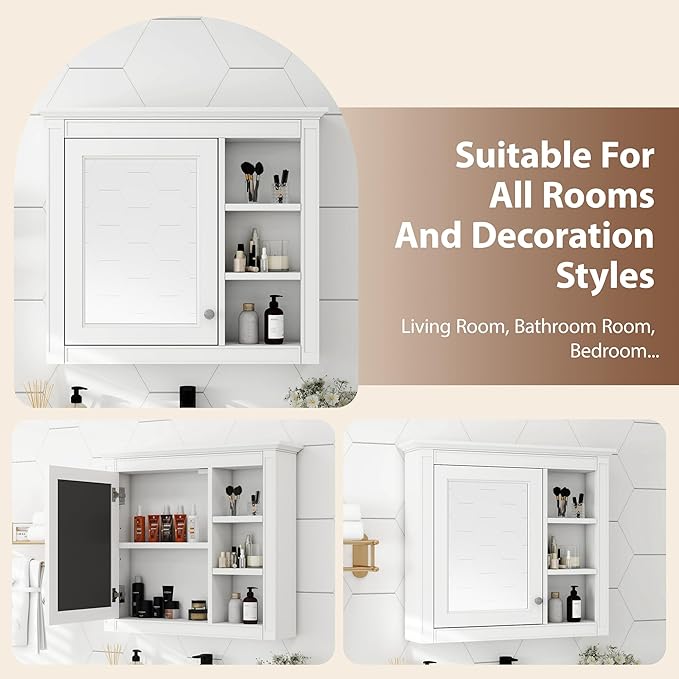 Merax Bathroom Medicine Cabinet with Mirror, 30" x 28" Wall Mounted Medicine Cabinet with Single Door and Shelves, Over The Toilet Mirrored Bathroom Storage Wall Cabinet