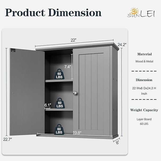 SUNLEI Bathroom Medicine Cabinet with 2 Doors, Bathroom Wall Cabinet with Storage, Space Saving Storage Cabinet with 3-Tier Shelves, Grey