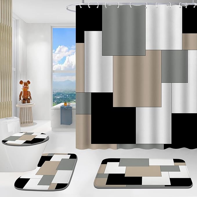 Grey Bathroom Set with Shower Curtain and Rugs, 4 Piece Geometric Set, Incl Shower Curtain with 12 Hooks, Bath Mat, U-Shaped Floor Mat, Toilet Lid Oval Rug