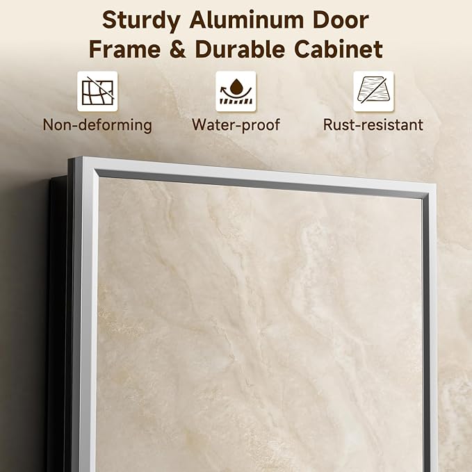 24" x 30” Silver Medicine Cabinets for Bathroom with Mirror, Aluminum Alloy Framed Mirror＆Tempered Glass Design, Recessed or Surface Wall-Mounted Metal Bathroom Vanity Mirror with Storage Cabinet