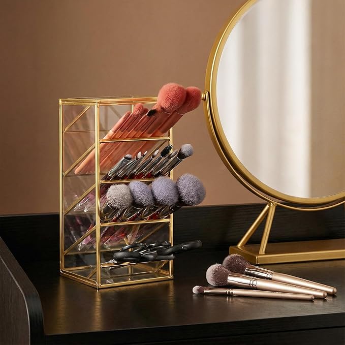 Peohud Rollerball Perfume Organizer, 4 Compartment Gold Glass Makeup Brush Holder, Vintage Desktop Organizer for Lipstick, Pen, Pencil, Home, Bathroom