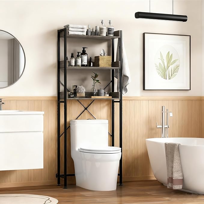 Giantex Over The Toilet Storage Shelf, 3-Tier Freestanding Space Saver Above Toilet with 4 Hooks, Adjustable Bottom Bar, Over Toilet Bathroom Organizer for Restroom, Laundry, Easy Assembly
