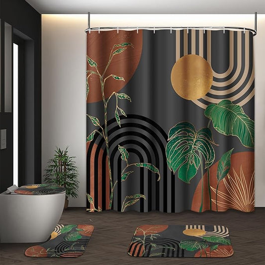 Brown Boho Mid Century Shower Curtain Set with Toilet Lid Cover and Non-Slip Rugs, Abstract Retro Grey Background 4 Pcs Modern Minimalist Aesthetic Shower Curtain for Bathroom Set with 12 Hooks