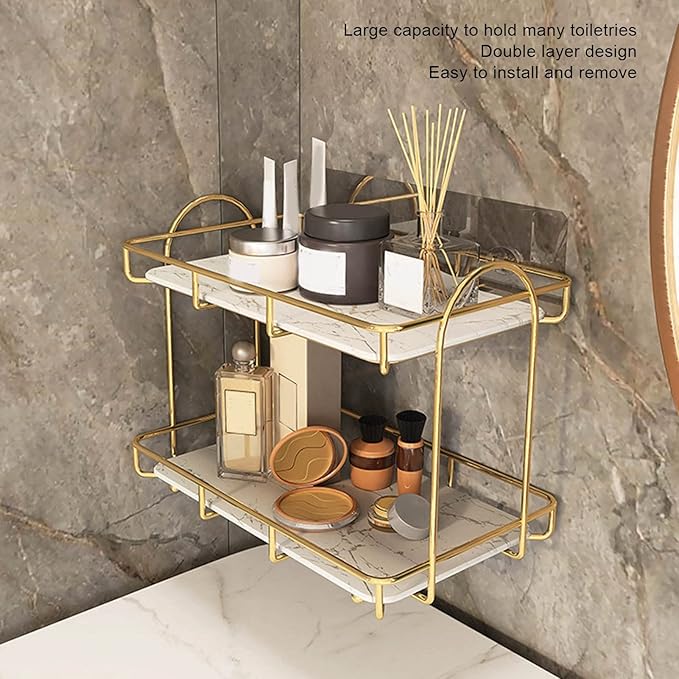 2 Tier Bathroom Storage Rack, Anti Slip Makeup Shelf in Gold White, Humanized Structure, Convenient Counter Organizer for Bathroom (L), Stylebestwxozqvbyd6-12