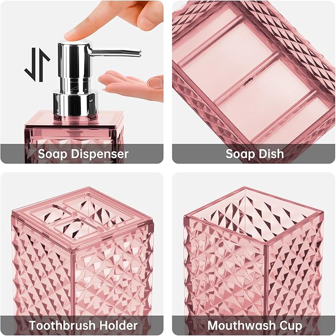 Bathroom Accessory Set, Grid Pattern 4 Pcs Plastic Bathroom Set Include Soap Dispenser, Soap Dish, Toothbrush Holder, Mousewash Cup, Modern Bahtroom D??cor Set(Pink)