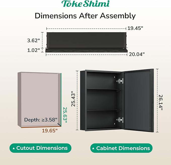 TokeShimi 20 x 26 Mirror Medicine Cabinet for Bathroom, Assembly Required, Black Recessed Medicine Cabinet with Mirror, Steplessly Adjustable Shelves, Beveled Aluminum Frame, Tempered Glass