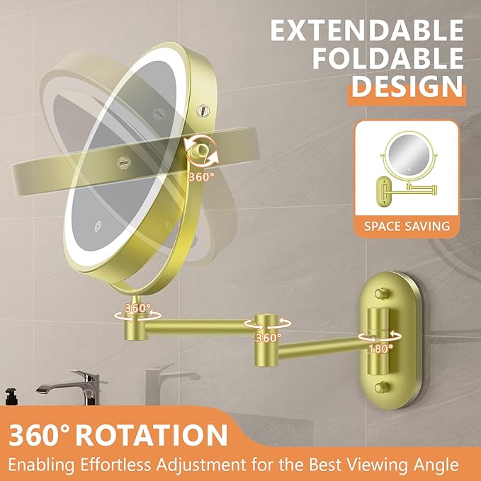 Auxmir 8'' Wall Mounted Lighted Makeup Mirror, 3200mAh Rechargeable Double-Sided 1X/20X Magnifying Mirror with Light, Touch Dimmable 3 Color Light, 360° Rotation Foldable Extended Arm, Gold