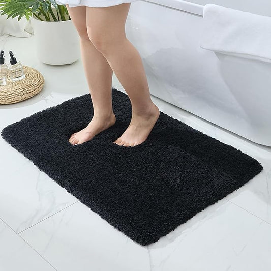 Bathroom Rugs Non Slip Washable, Ultra Thick Soft Microfiber Absorbent Bath Mats, High Density Foam Latex Non Slip Backing Bath Rugs, Fluffy Floor Carpet for Tub&Shower 24x17, Black