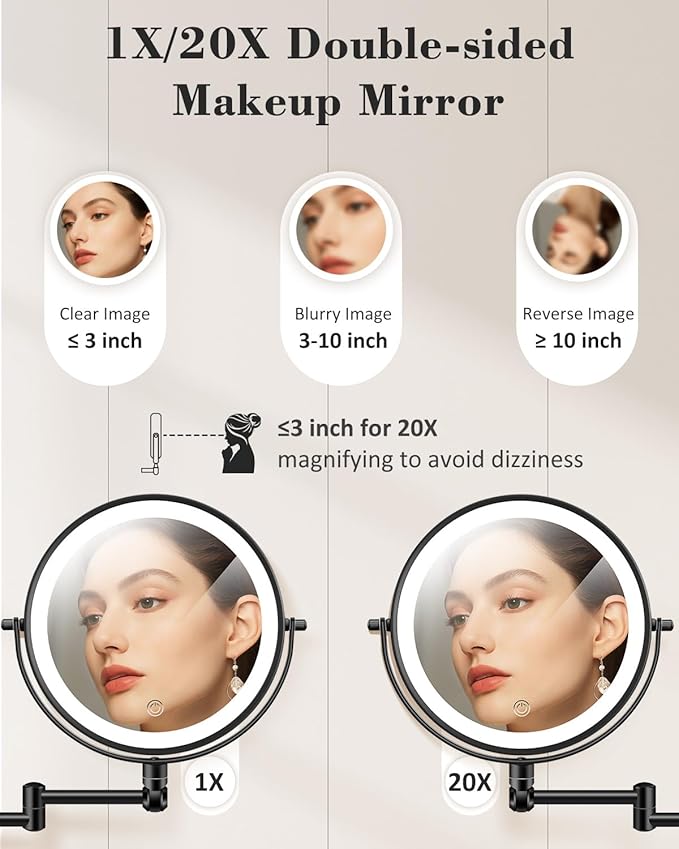 vpu 9" Wall Mounted Makeup Mirror with Light, 20X/1X Height Adjustable Double Sided Magnifying Bathroom Lighted Mirror, 3 Color Touch Dimmable Extended Arm 360 Rotation Light up Magnification Mirrors