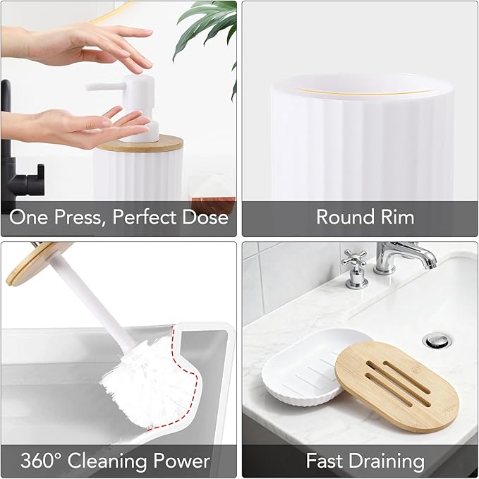 Bathroom Accessories Set, 25PCS Wicker Bathroom Accessory Set with Shower Curtain, Bath Mat, Soap Dispenser, Handwoven Trash Can & Ratten Tissue Box (White, Bath Set+Shower Curtain+Rugs)