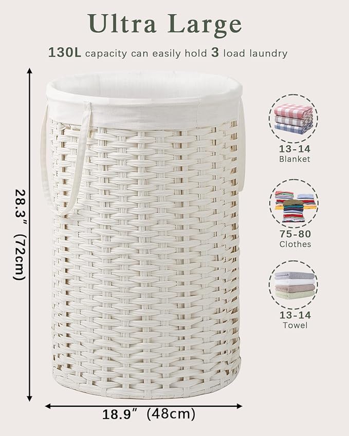 SETVSON 34.3 Gal (130 L) Large Laundry Hamper Laundry Basket Round Handwoven Wicker Laundry Baskets Rattan Laundry Basket with Removable Bag Handles 2 Mesh Bags for Living Room Bedroom White (No Lid)