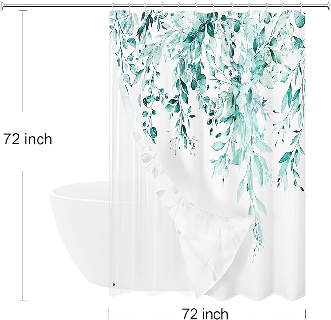 Gibelle 3 in 1 Shower Curtain Set, Teal 72x72 Eucalyptus Bath Curtain and PEVA Liner Set with 12 Metal Hooks, Waterproof Fabric Bathroom Curtain