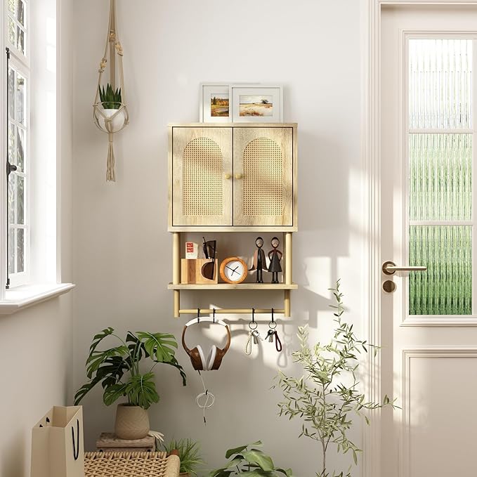 RUSTOWN Rattan Bathroom Wall Cabinet, Modern Boho Medicine Cabinet with Two Arched Rattan Doors, Over The Toilet Storage Cabinet with Adjustable Shelf and Towel Bar for Bathroom (Natural, Small)
