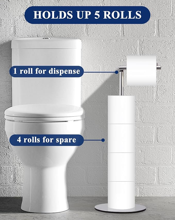 Toilet Paper Holder Stand, Free Standing Toilet Paper Roll Holder with Reserve, Modern Bathroom Toilet Paper Stand for 4 Rolls, Chrome, Housen Solutions