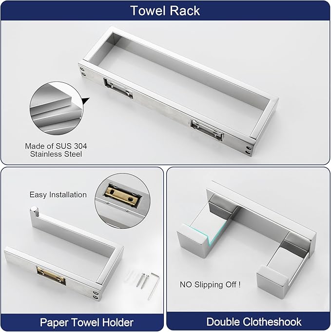 3 Pieces Polished Chrome Bathroom Hardware Accessories Set,SUS304 Stainless Steel Towel Holder Set Towel Holder Robe Hook Toilet Paper Holder Wall Mounted