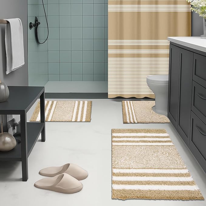 Britimes Beige Stripes Bathroom Sets with Shower Curtain and Rugs, Minimalist Modern Striped Waterproof Shower Curtain Liner and Soft Non Slip Bath Mat for Bathroom Decor and Accessories Hooks