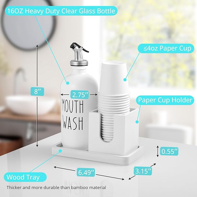 Glass Mouthwash Dispenser for Bathroom, 16 OZ Mouthwash Dispenser with Pour Spout and Wood Cup Holder and Tray, Mouth Wash Bottle Container, Farmhouse Kitchen Bathroom Decor and Accessories, White