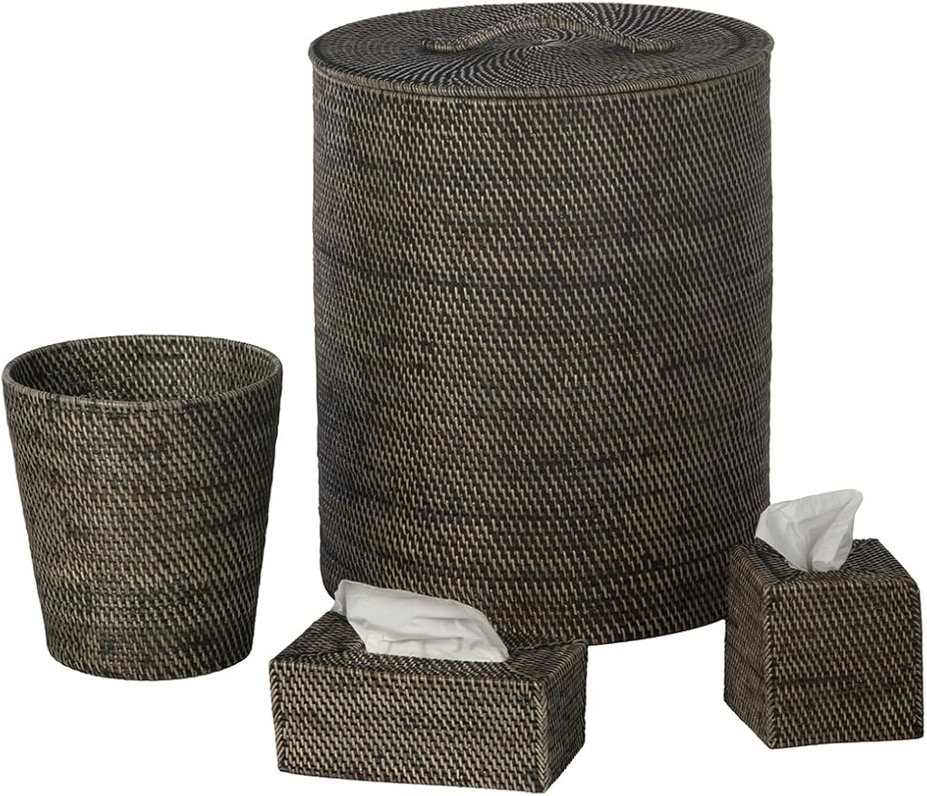 KOUBOO Loma Round Rattan Hamper & Laundry Basket with Lid Removable Liner, Perfect for Home Storage, Bathroom, Bedroom, Kids Room, Nursery, Black-Wash