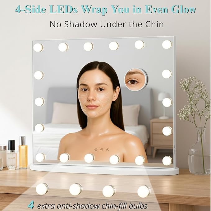 LUXFURNI Vanity Mirror with Lights, 23.6" x 20.5" Hollywood Mirror, Light Up Makeup Mirror with 18 LED Bulbs for Bedroom Desk, 3 Color Lighting Modes, Tabletop & Wall Mount, USB Charging Port