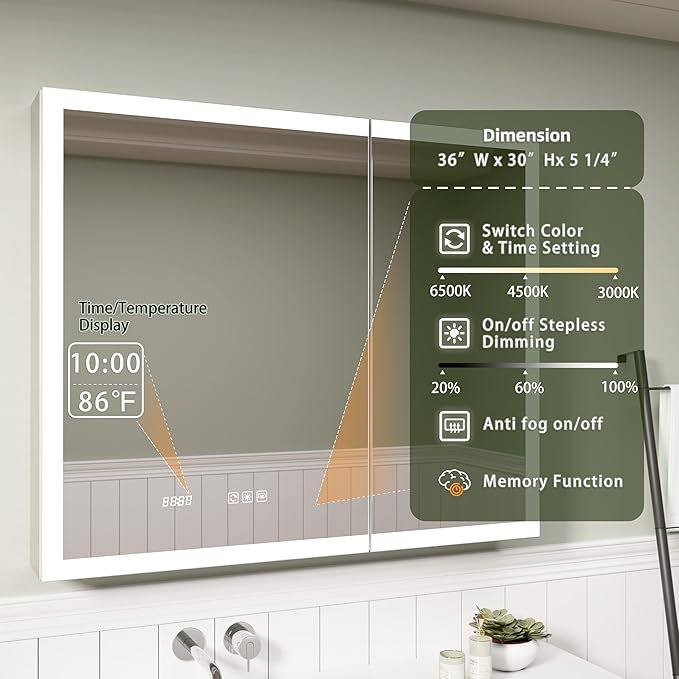 LED Medicine Cabinet Mirror, 36 x 30 Inch Inch Bathroom Storage, Recessed/Wall Mount, Plug-in/Hardwired, 3 Color Dimmable Light, Anti-Fog, Time Temp Display