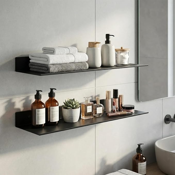 Z metnal Wall Shelf, Long Floating Shelves, Metal Hanging Shelf for Living Room Kitchen Storage Entry, Aluminum, Wall Mounted, Matt Black, 24 inch, Set of 2