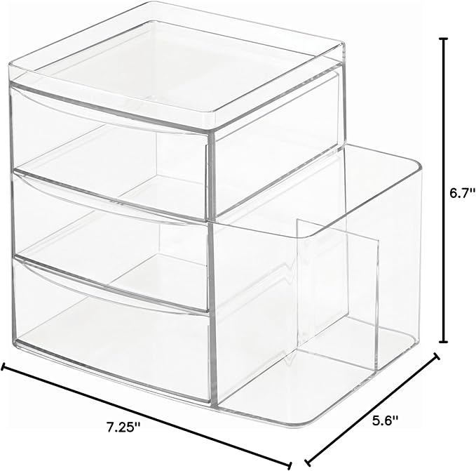 iDesign Clarity Cosmetic Organizer for Vanity Cabinet to Hold Makeup, Brushes, Beauty Products - 3 Drawers and Caddy, Clear