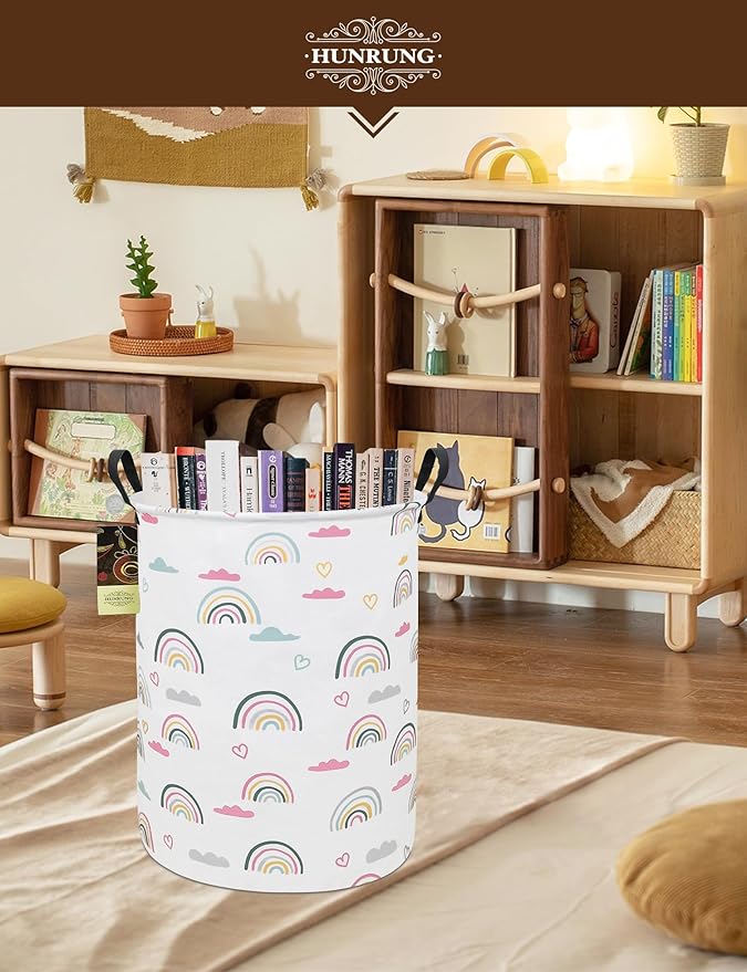 HUNRUNG Laundry Hamper,Large Canvas Fabric Lightweight Storage Basket Toy Organizer Dirty Clothes Collapsible Waterproof for College Dorms???Round-Rainbow???