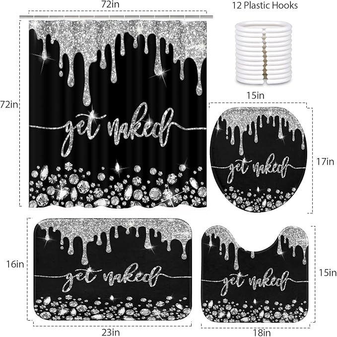 ArtSocket 4PC Silver Get Naked Shower Curtain Sets Diamond Bathroom Decor with Rugs, Non-Slip Rug,Toilet Lid Cover, Bath Mat and 12 Hooks 72x72 inches
