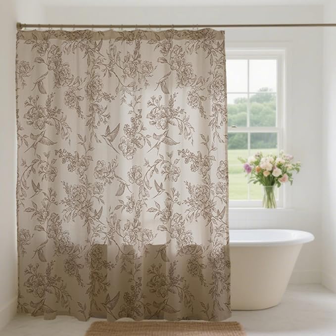 MUGINYU Vintage Farmhouse Linen Shower Curtain,Botanical Floral Toile Shower Curtain,Colorful Leaves Bath Curtains Shower,Boho Flower Plant Neutral Bathroom Decor,72" W x 72" L (Vintage Bird Beige)
