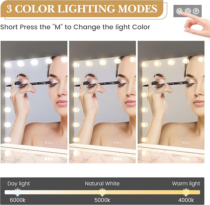 Vanity Mirror with Lights, 32" x 24" Makeup Mirror with Lights, Hollywood Lighted Vanity Mirrors with 15 Dimmable LED Bulbs, 3 Color Modes, Light up Mirror with Touch Control for Bedroom, Tabletop