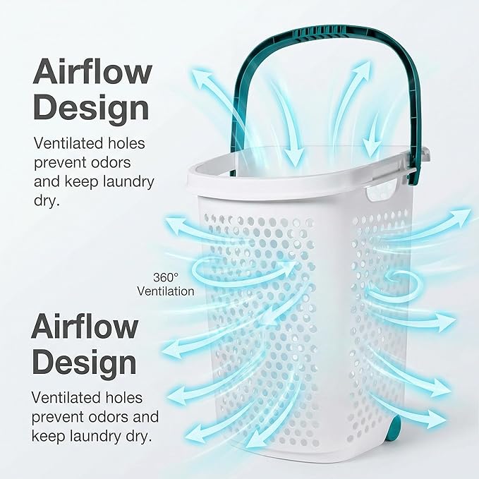 Heavy-Duty Plastic Wheeled Rolling Laundry Basket with Pop-Up Wide Handle, Ventilated Design, Easy to Clean, Spacious 70.52 Liters (2 Bushel), Large Capacity for Families, Dormitories, Laundry Rooms