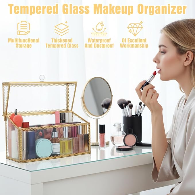 Lipstick Organizer Holder 24 Spaces, Tempered Glass Lip Gloss and Perfume Organizer, Vanity Lipstick Holder with Removable Dividers, Gold