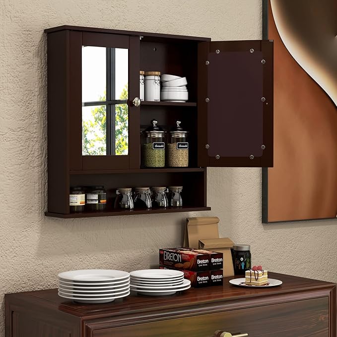 COSTWAY Bathroom Cabinet Wall Mount, Wooden Medicine Cabinet with 2 Mirror Doors, Adjustable Shelf, Open Compartment, for Laundry, Living Room, Kitchen, Brown