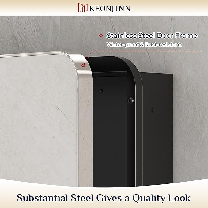 Keonjinn 20 x 32 Inch Chrome Medicine Cabinets for Bathroom with Mirror Adjustable Shelves Stainless Steel Framed Rounded Rectangle Single Door Surface Wall Mounted Silver Bathroom Storage Cabinet