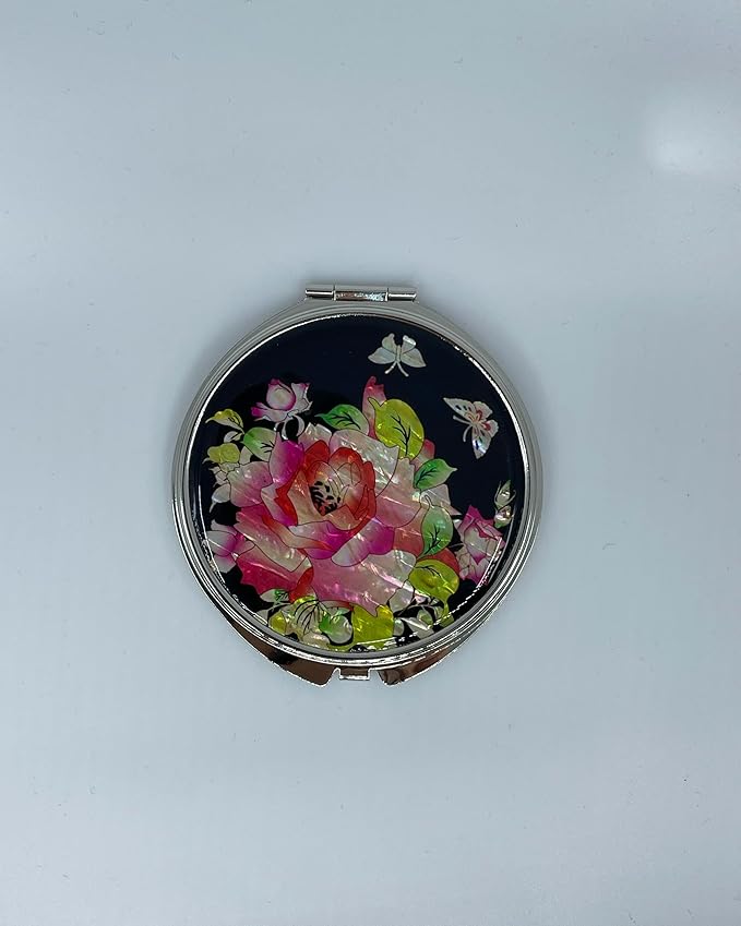 Portable Makeup Compact Double Magnifying Mirror Cosmestic Foldable Pocket Style Unique Mother of Pearl Design (Rose)