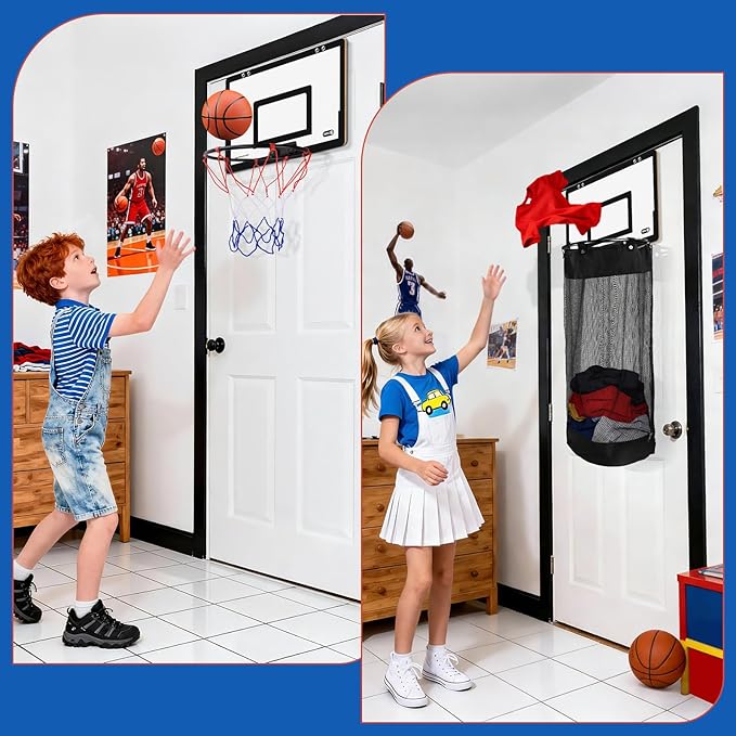 Over the Door Basketball Laundry Hamper, 2-in-1 Wooden Sports Laundry Basket with Basketball Hoop & Bottom Zipper, Adjustable Hanging Clothes Hamper for Kids Teens Bedroom Dorm Bathroom