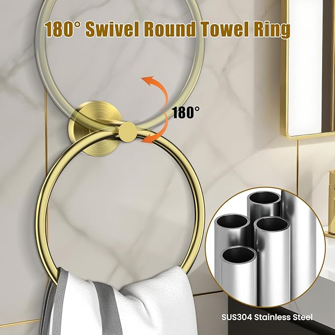 Brushed Gold 4 Piece SUS304 Stainless Steel Bathroom Accessories Set, 24 Inch Towel Bar Set, Round Bathroom Accessories Kit Wall Mounted, Minimalist Design for All Styles Bathrooms (Gold)