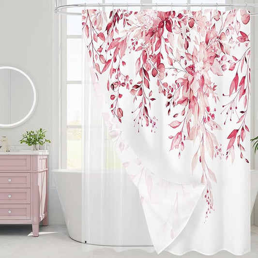 Gibelle 3 in 1 Shower Curtain Set, 72x72 Pink Eucalyptus Bath Curtain and PEVA Liner Set with 12 Metal Hooks, Waterproof Fabric Bathroom Curtain