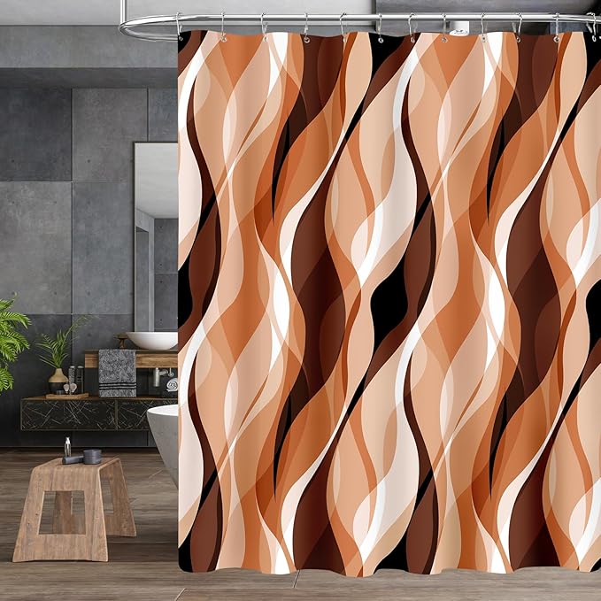 4PCS Orange Abstract Shower Curtain Sets with Rugs, Striped Bathroom Sets with Shower Curtain and Rugs, Modern Bathroom Curtains Shower Set with Toilet Lid Cover for Luxury Bathroom Decor