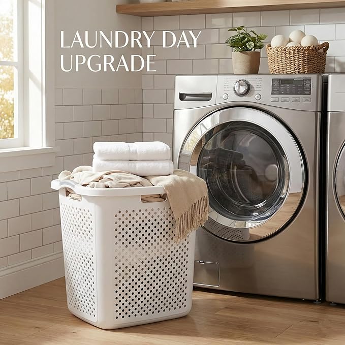 Extra Large 2.5 Bushel Plastic Laundry Hamper Basket - Tall Ventilated Clothes Bin with 4-Way Easy-Grip Handles, Heavy Duty Washing Storage for Bedroom, Bathroom, and Dorm Organization, White
