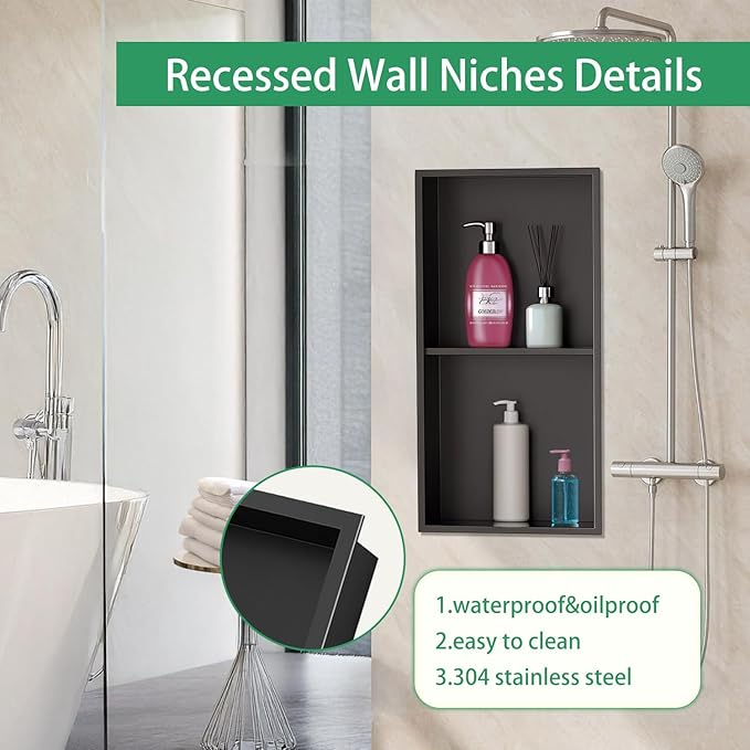 SaniteModar Shower Niche, Stainless Steel Shower Niche No Tile Needed, Recessed for Bathroom Storage (Matte Black, 12x24,Double)