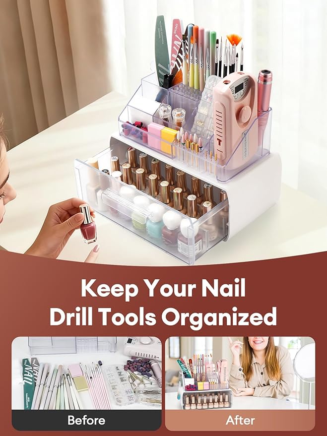 LIARTY Nail Drill Holder with Drawer: Acrylic Nail Drill Bits Holder Makeup Organizer Case for Brush - Beauty Cosmetic Storage Box for Dresser Countertop and Bathroom Vanity