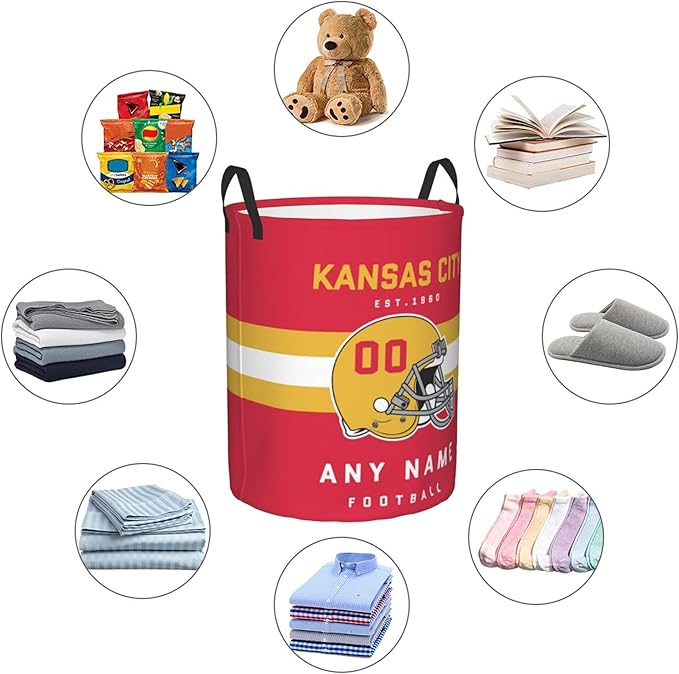 Custom Kansas City Laundry Hamper - Personalized Football Style Laundry Basket - Customized Name And Number - Dirty Clothes Hamper Waterproof Large Capacity Hamper for Bedroom Bathroom Living Room