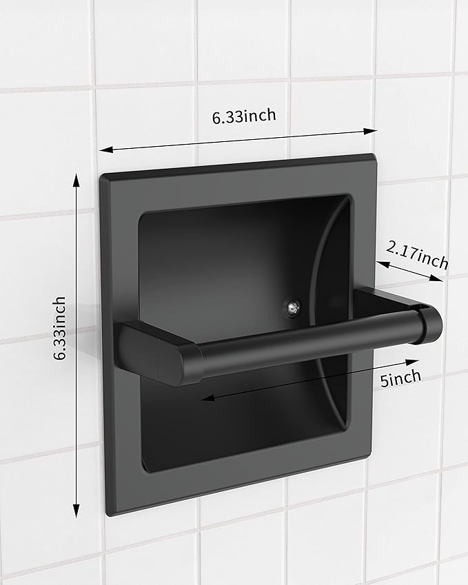 Matte Black Recessed Toilet Paper Holder for Large Rolls, Pivoting Black Toilet Paper Holder Wall Mount Stainless Steel, in Wall Toilet Paper Holders Black, Bathroom Toilet Paper Wall Holder