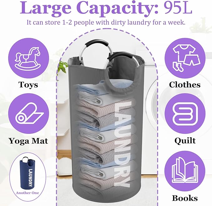 2Pack 95L Big Clothes Hamper for Family, Collapsible Laundry Baskets with Handles, Dirty Clothes Bin Stand Up Well, Toteable Laundry Bag for Bathroom, Travel, Grey/Navy Blue