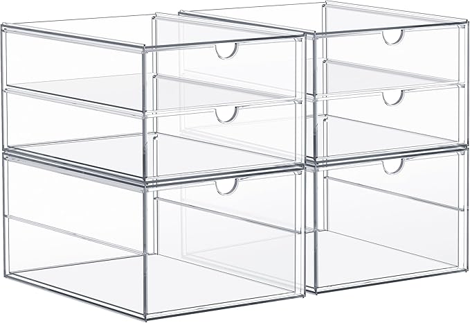 Sorbus Makeup Organizer With 6 Drawers, Acrylic Drawer Organizer for Makeup, Office Organization and Storage, Art Supplies, Jewelry, Stationary - 4 Pcs Clear Stackable Storage Bins Organizer Drawers