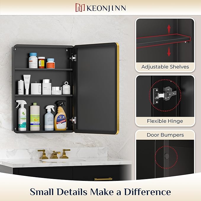 Keonjinn 20 x 26 Inch Gold Recessed Medicine Cabinets, Mirrored Bathroom Medicine Cabinet, Brushed Brass Stainless Steel Framed, Adjustable Shelves, in Wall or Surface Mount, Soft Closing, Modern