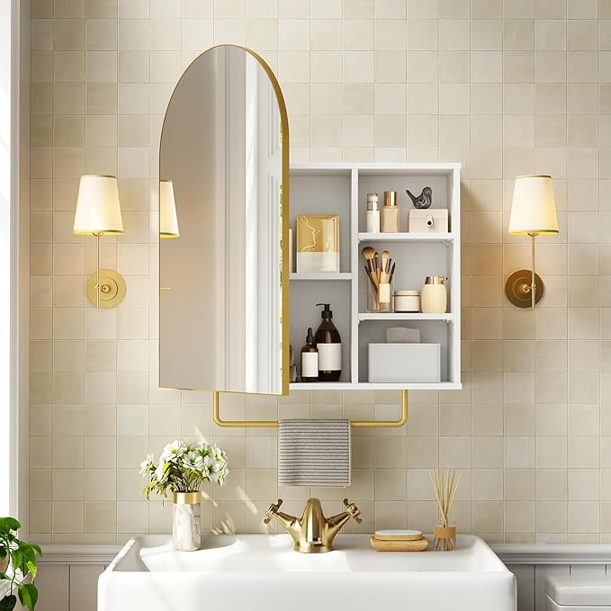RALGEND Bathroom Arched Medicine Cabinet with Mirror, Modern Bathroom Wall Mounted Mirrored Cabinet with Adjustable Shelves and Storage, White and Gold